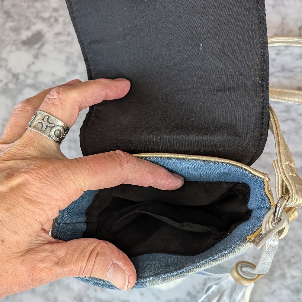 Joseph Ribkoff Blue Denim & Gold Mini Crossbody Purse Bag Tassel - Picture 3 of 7